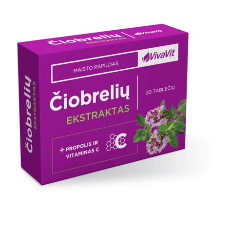čiobrelių žiedų ir vitamino C molekulės