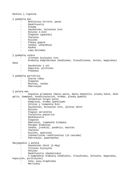 Sąrašas daiktams į ligoninę