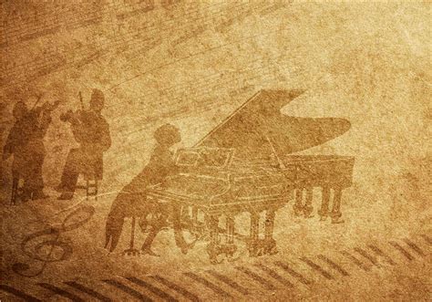 Simbolinis paveikslas, vaizduojantis muzikos natas ir chorą