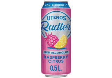Nuotrauka su Utenos Radler buteliu su avietėmis ir citrusiniais vaisiais