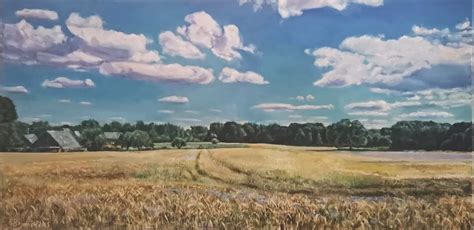 Lietuviškas kaimo peizažas su dirbančiais laukais