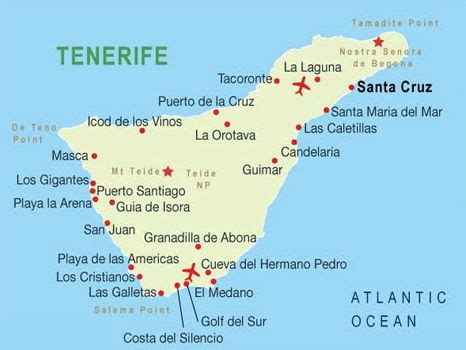 Žemėlapis su pažymėtomis vietovėmis Tenerifėje