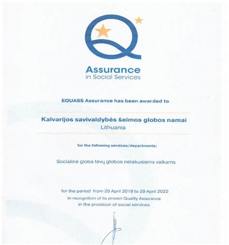EQUASS kokybės sertifikato pavyzdys