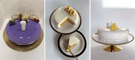 Įvairūs prancūziški tortai su veidrodine glazūra ir veliūru