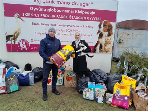 Nuotrauka su įvairiais daiktais, skirtais gyvūnų globos namams: maistas, antklodės, žaislai