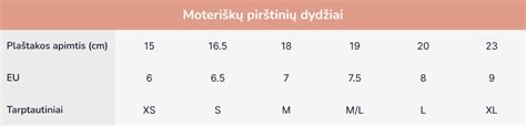 vaikiškų pirštinių dydžių lentelė