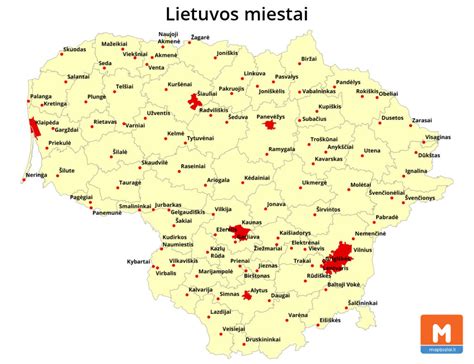 Žemėlapis su pažymėtais Lietuvos miestais, kur siūlomos auklės paslaugos
