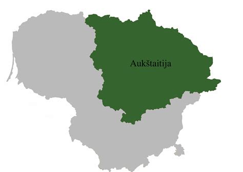 Žemėlapis su pažymėta Aukštaitijos regiono teritorija