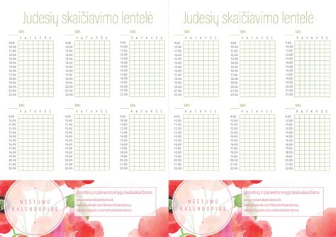 vaisiaus judesių skaičiavimo lentelė