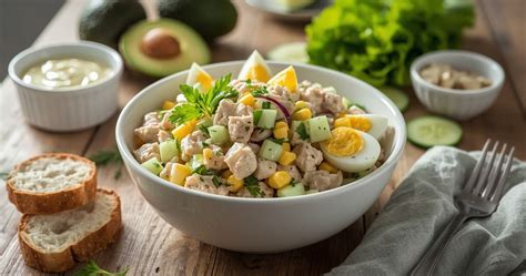 Įvairių avokadų ir tuno salotų ingredientų rinkinys