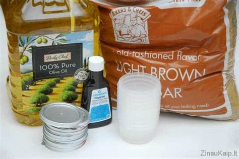 Schema, iliustruojanti kaip pasidaryti naminį šveitiklį iš cukraus ir aliejaus.