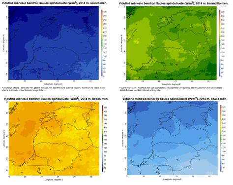 Žemėlapis su saulės spinduliuotės intensyvumu skirtinguose regionuose