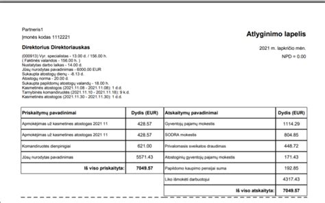 Pavyzdys darbo užmokesčio paskaičiavimo lapelio