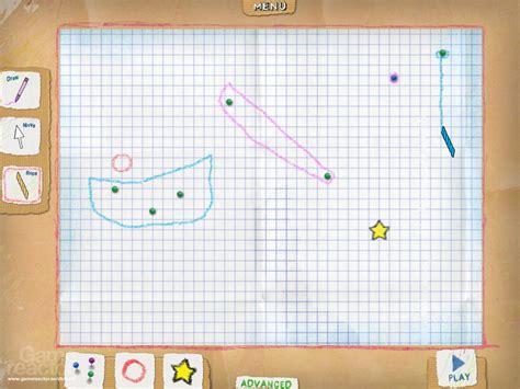 Ekranvaizdis iš žaidimo „Crayon Physics“, demonstruojantis piešiamus objektus ir fizikos dėsnių veikimą