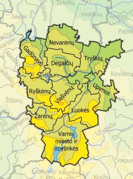 Telšių rajono žemėlapis su Ubiškės ir Viešvėnų seniūnijų vietomis