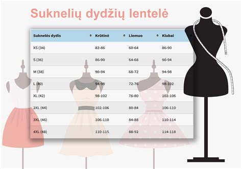 Infografika su dydžių lentele ir matavimo instrukcija