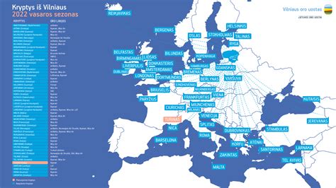 Vilniaus oro uosto populiariausių krypčių žemėlapis