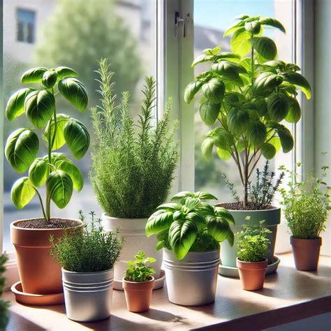 Vaizdas su įvairiomis prieskoninėmis žolelėmis vazonuose ant palangės