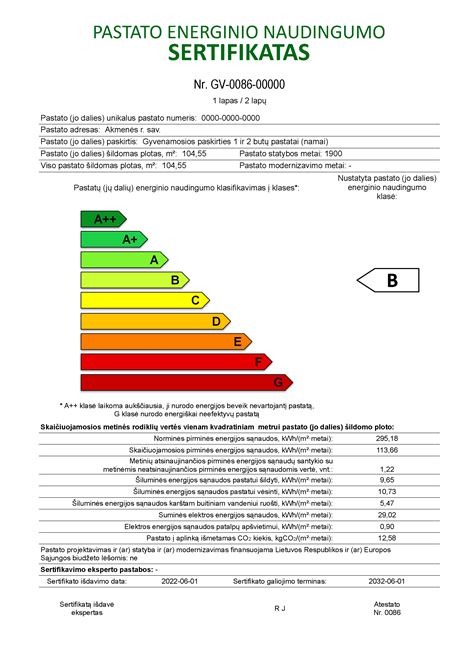 Pastato energinio naudingumo sertifikato pavyzdys