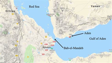 Žemėlapis, rodantis Bab el Mandeb sąsiaurio geografinę padėtį