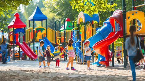 children playing in a modern kindergarten playground