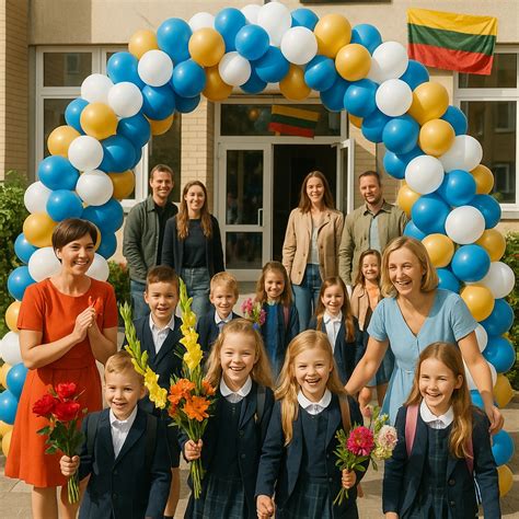 Mokiniai su gėlėmis Rugsėjo 1-osios šventėje