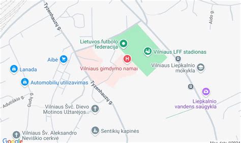 Žemėlapis su pažymėtomis Vilniaus gimdymo namų ir kitų klinikų lokacijomis