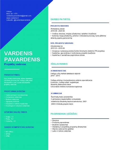 CV pavyzdys su aiškiai išdėstyta informacija
