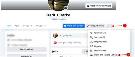 Facebook profilio nustatymų vaizdas