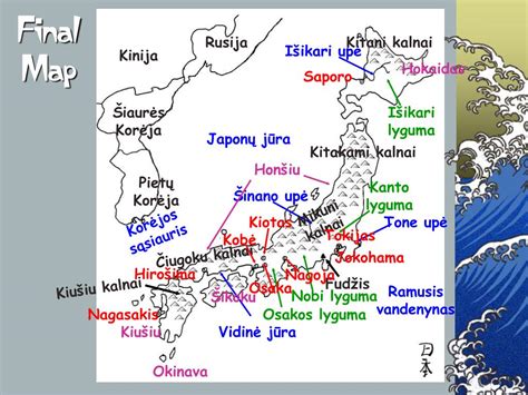Mapa Japonijos su pažymėtais regionais Hokaidas ir Kobė