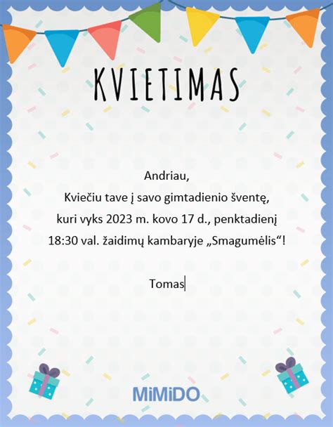 pavyzdys teminio kvietimo į vaikų vakarėlį