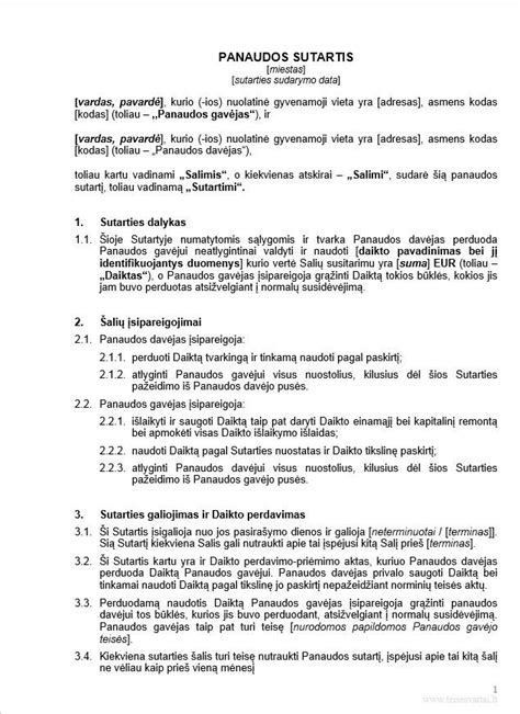 Pavyzdys, kaip gali atrodyti panaudos sutartis