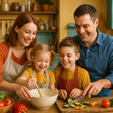 šeima kartu gamina maistą virtuvėje