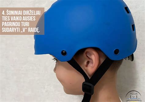 Vaizdinė instrukcija, kaip teisingai sureguliuoti šalmo dirželius ir patikrinti jo prigludimą.