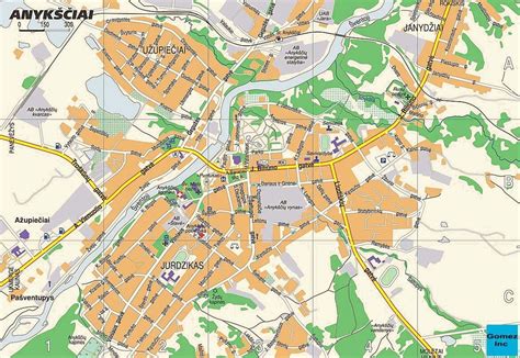 Anykščių žemėlapis su svarbiausiomis istorinėmis vietomis