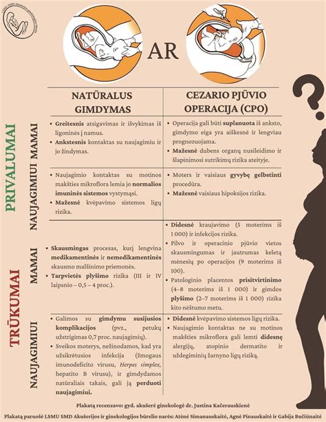 Infografika, palyginanti natūralaus gimdymo ir cezario pjūvio privalumus ir trūkumus