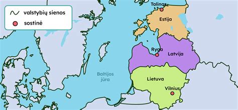 Žemėlapis su Baltijos šalimis ir jų kalbomis