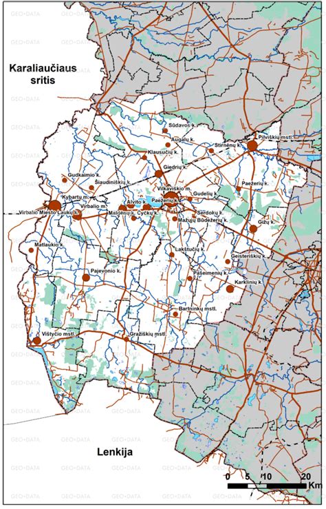 Žemėlapis su Vilkaviškio rajono savivaldybės administracijos teritorijomis