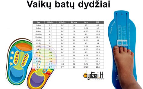 Informatyvi lentelė su vaikiškų batų dydžių ir atitinkamų pėdos ilgių palyginimu.